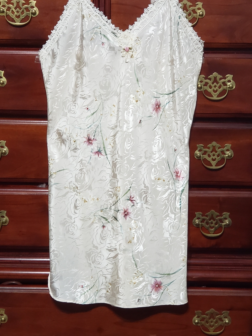 California Dynasty Women's Floral Satin Full Slip Ivory Size M Lace Bow - Picture 3 of 7